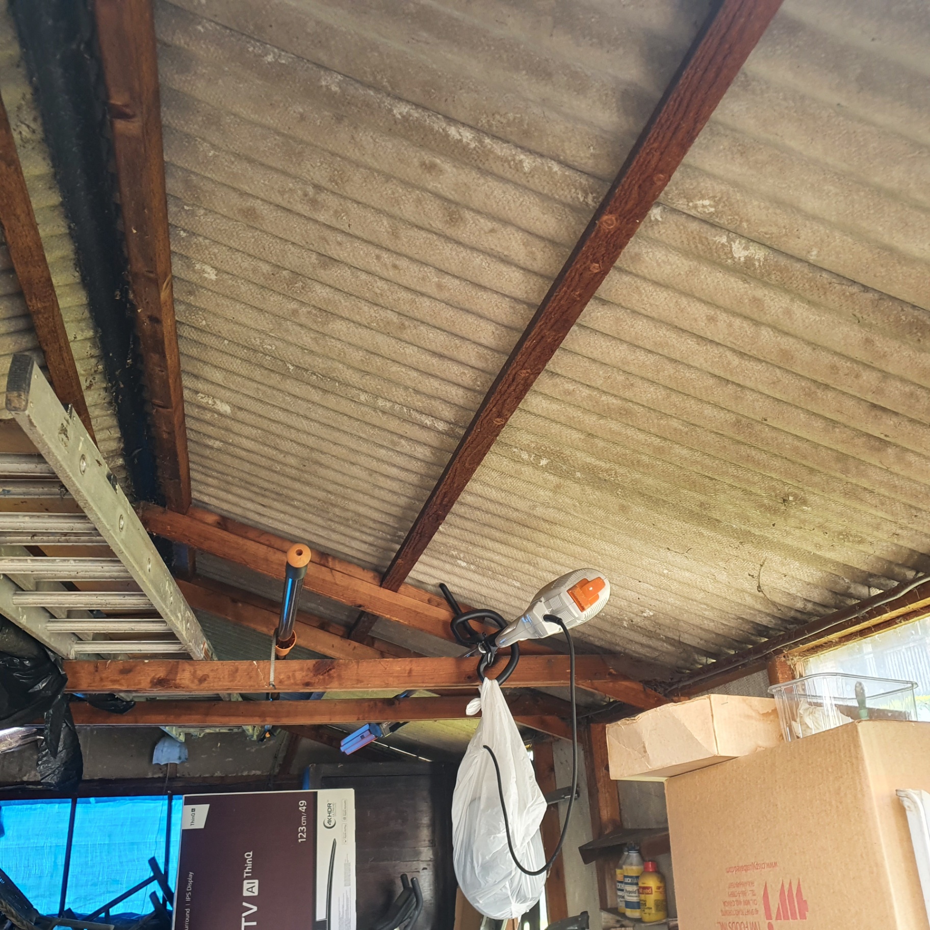 Corrugated Cement Garage Roof — Interior Underside of a corrugated asbestos cement garage roof showing fibrous surface and timber rafters.