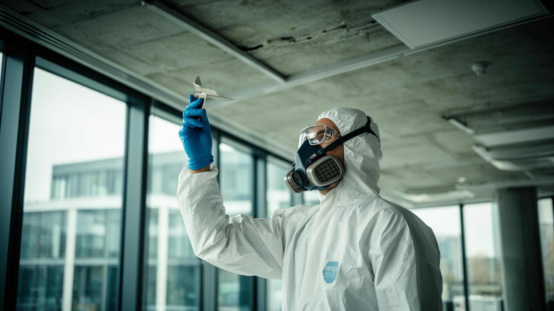 Asbestos surveyor in PPE inspecting ceiling materials in a modern London building